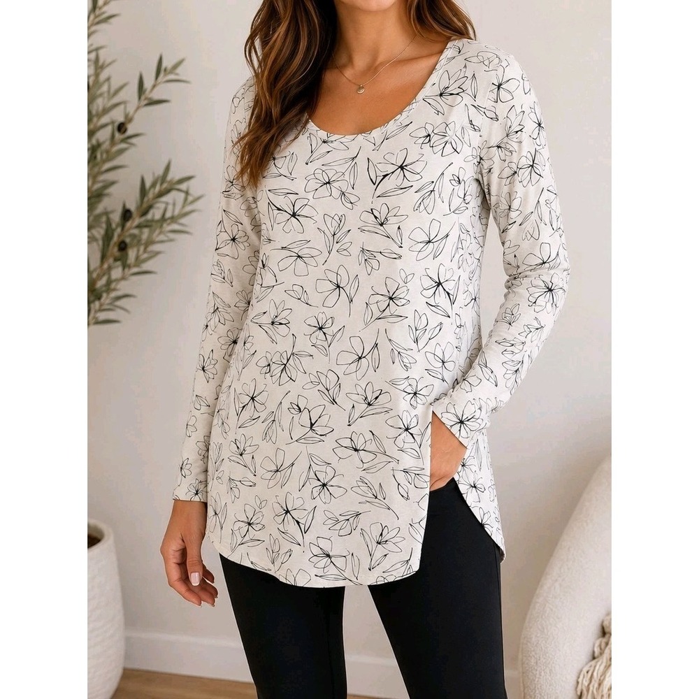 Wearever Collection Women's Floral Print Long Sleeve Tunic Top White Black szL